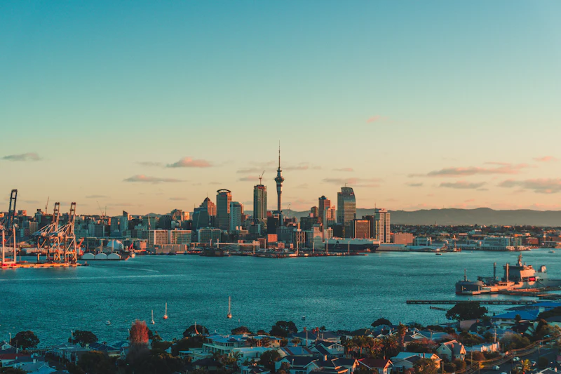 The Auckland skyline and harbour under a low sun